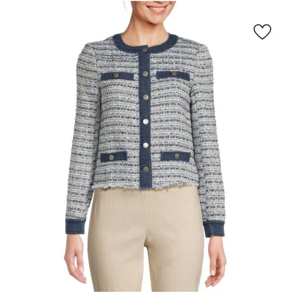 NWT Ecru Womens Tweed Denim Jacket Blue Mix Media Frayed Hem Size PXL Petite XL - Picture 1 of 13